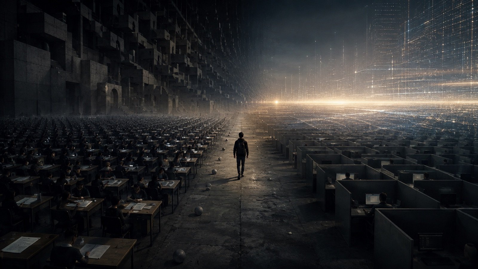 A lone person walking between rows of students and office cubicles toward a glowing digital horizon